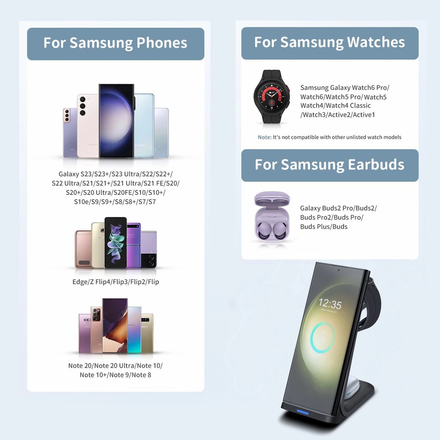 Wireless Charger 3 in 1 Fast Charging Dock Station for Samsung S23 S22 Multiple Devices Stand for Galaxy Watch 6 5 4 Buds 2 Pro - Asicalation